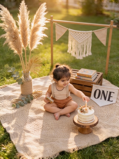 Boho Birthday Picnic AI Baby Photo Template Preview