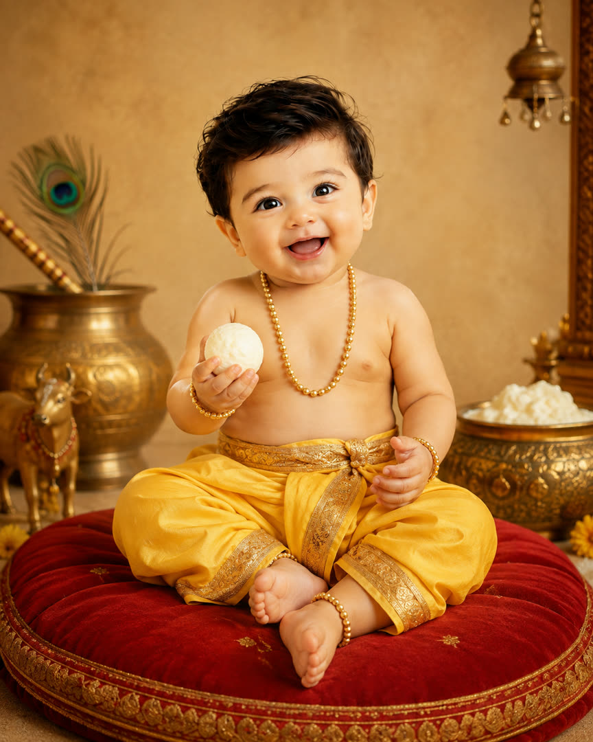 Baby Krishna, Sitting with Butter AI Baby Photo Template Preview