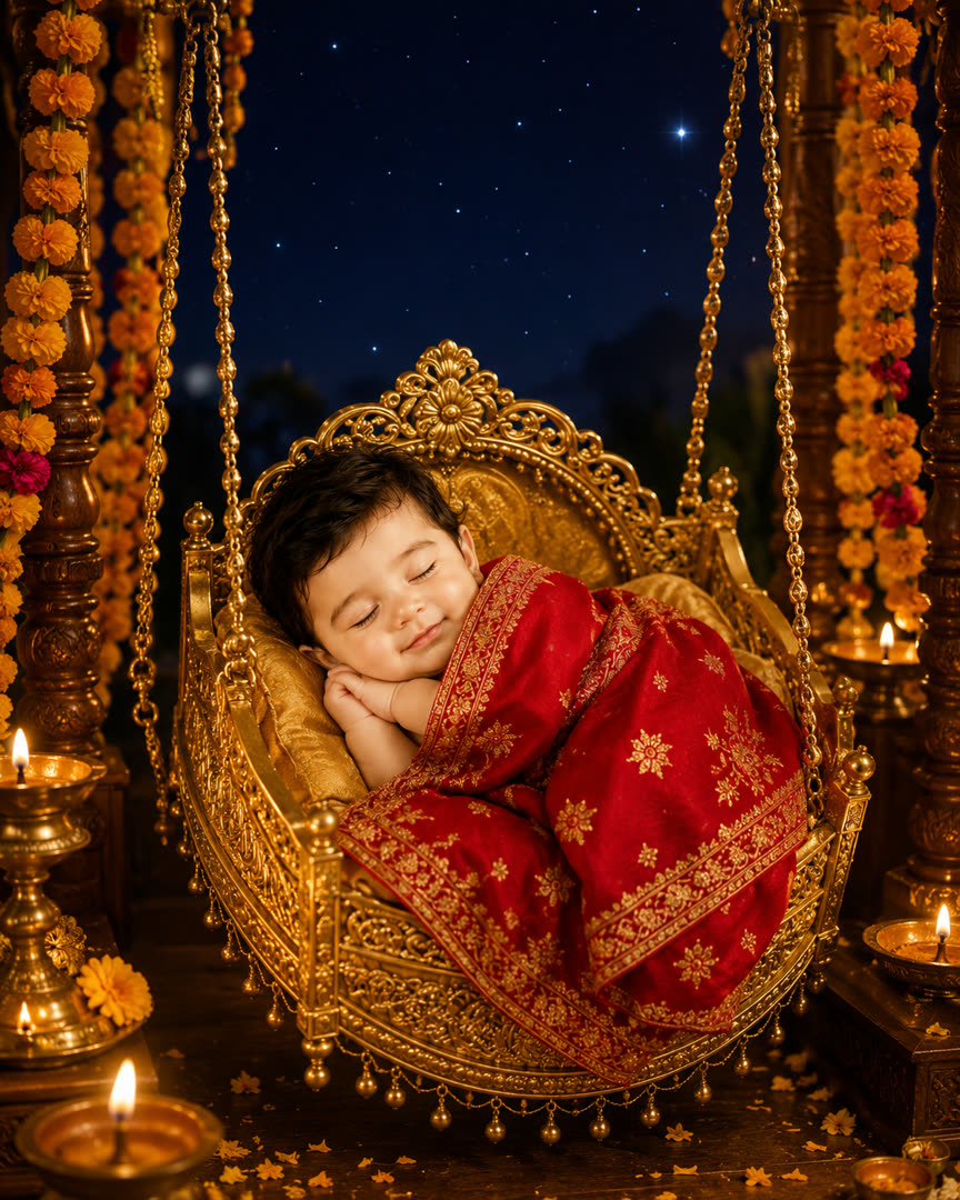 Baby Krishna, Sleeping in Cradle AI Baby Photo Template Preview