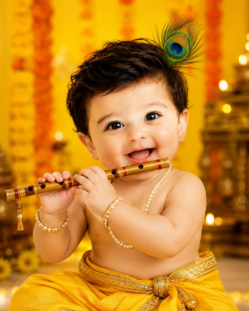 Baby Krishna, Playing Flute AI Baby Photo Template Preview