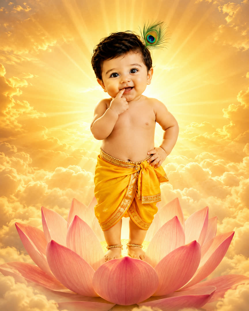 Baby Krishna, Standing on Lotus AI Baby Photo Template Preview