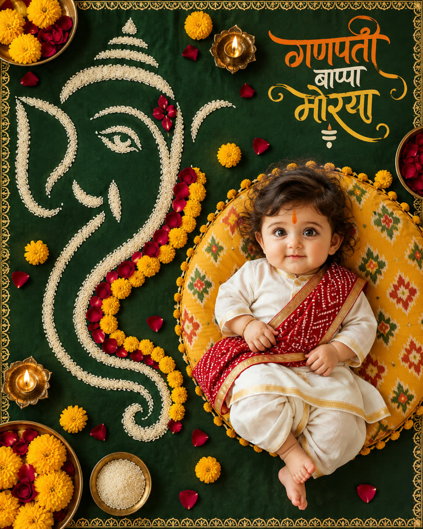 Ganpati Rice Rangoli Flat Lay AI Baby Photo Template Preview