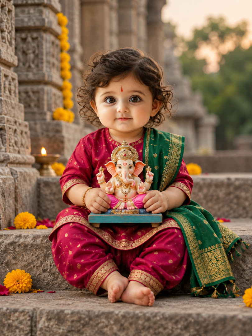 Holding Ganesha Idol on Temple Steps AI Baby Photo Template Preview