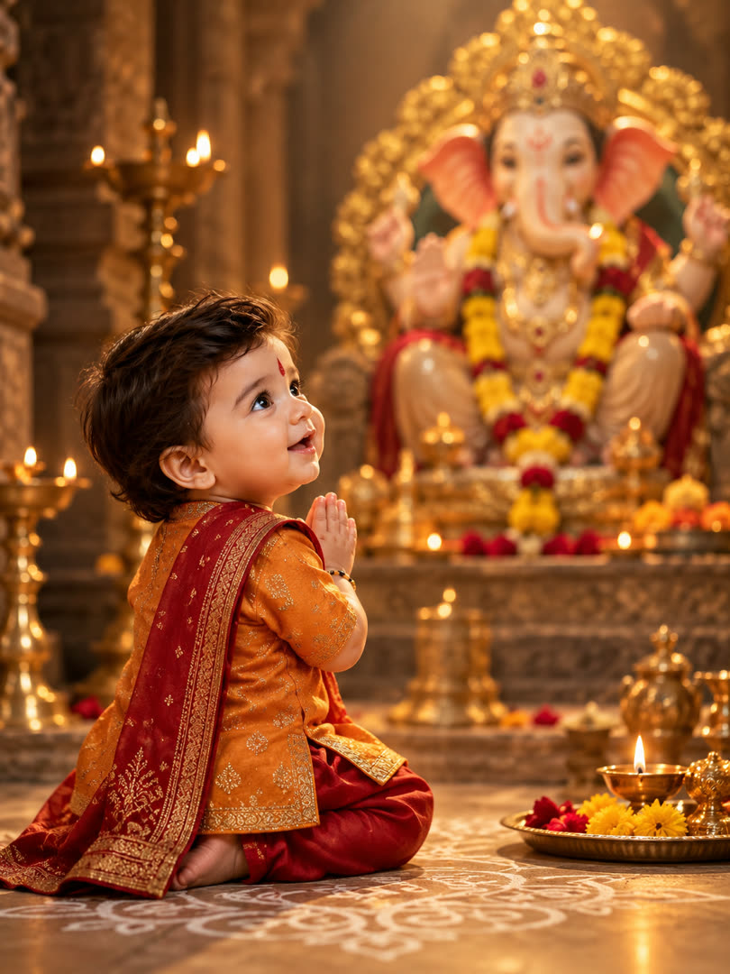 Praying Before Ganesha Idol AI Baby Photo Template Preview