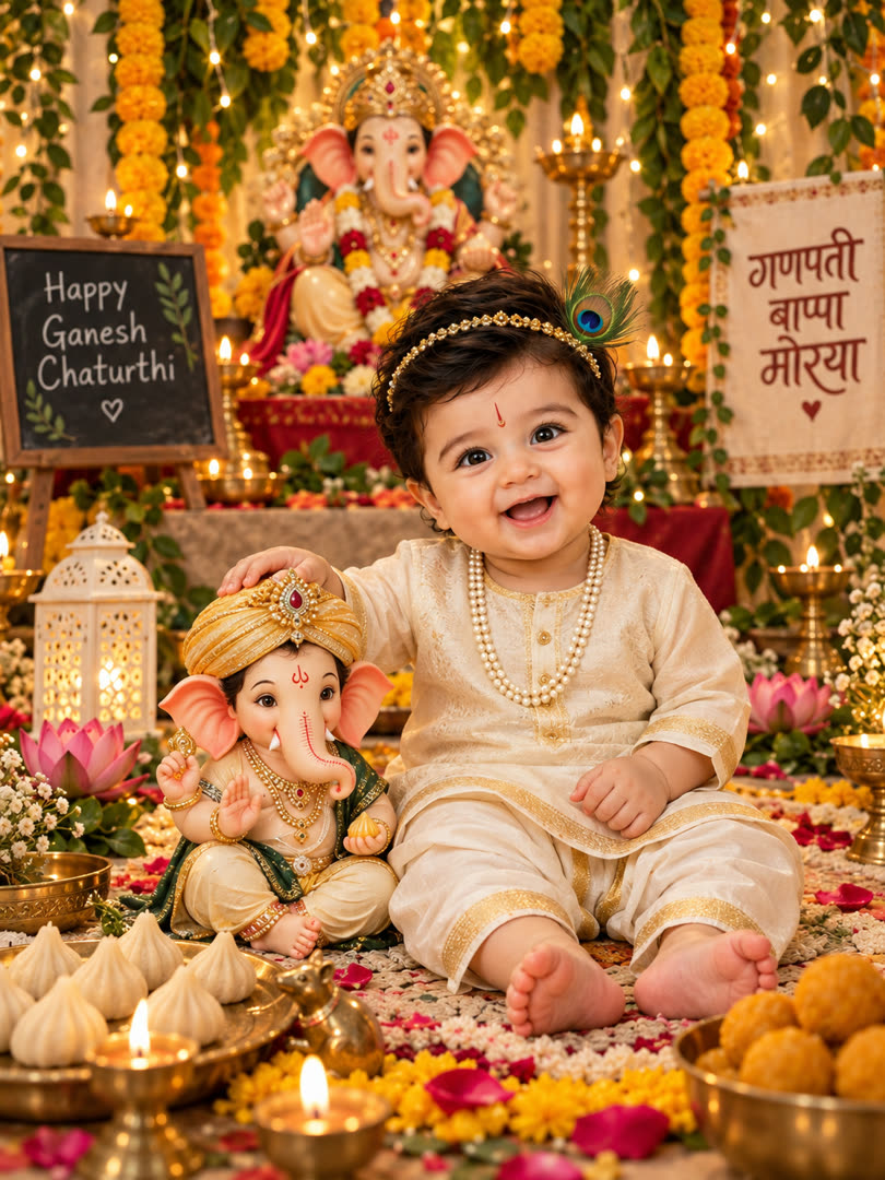 Joyful Ganesh Chaturthi Celebration AI Baby Photo Template Preview