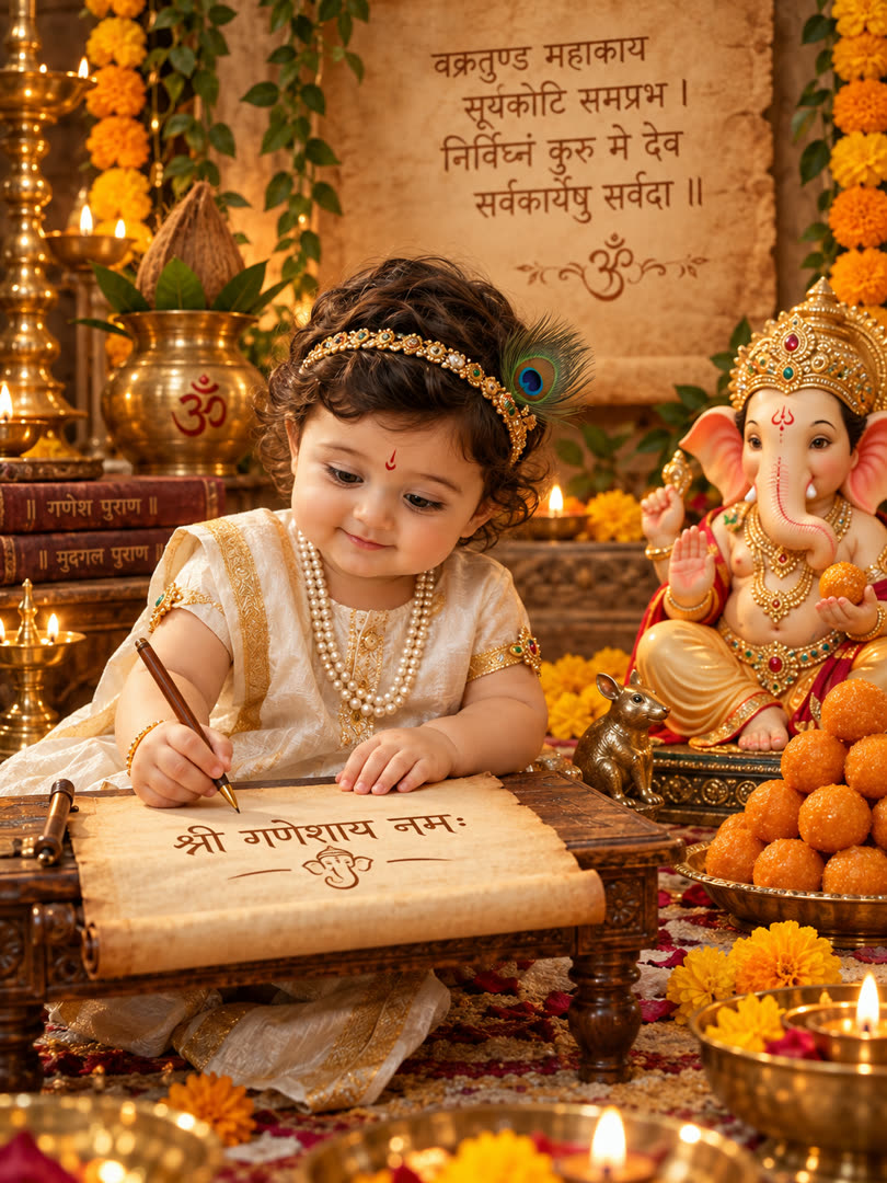 Writing Shri Ganeshaya Namah AI Baby Photo Template Preview